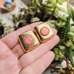 Vintage Pair of Gold & Peach Pink Dichroic Glass Gemstone Cabochon Stud Earrings